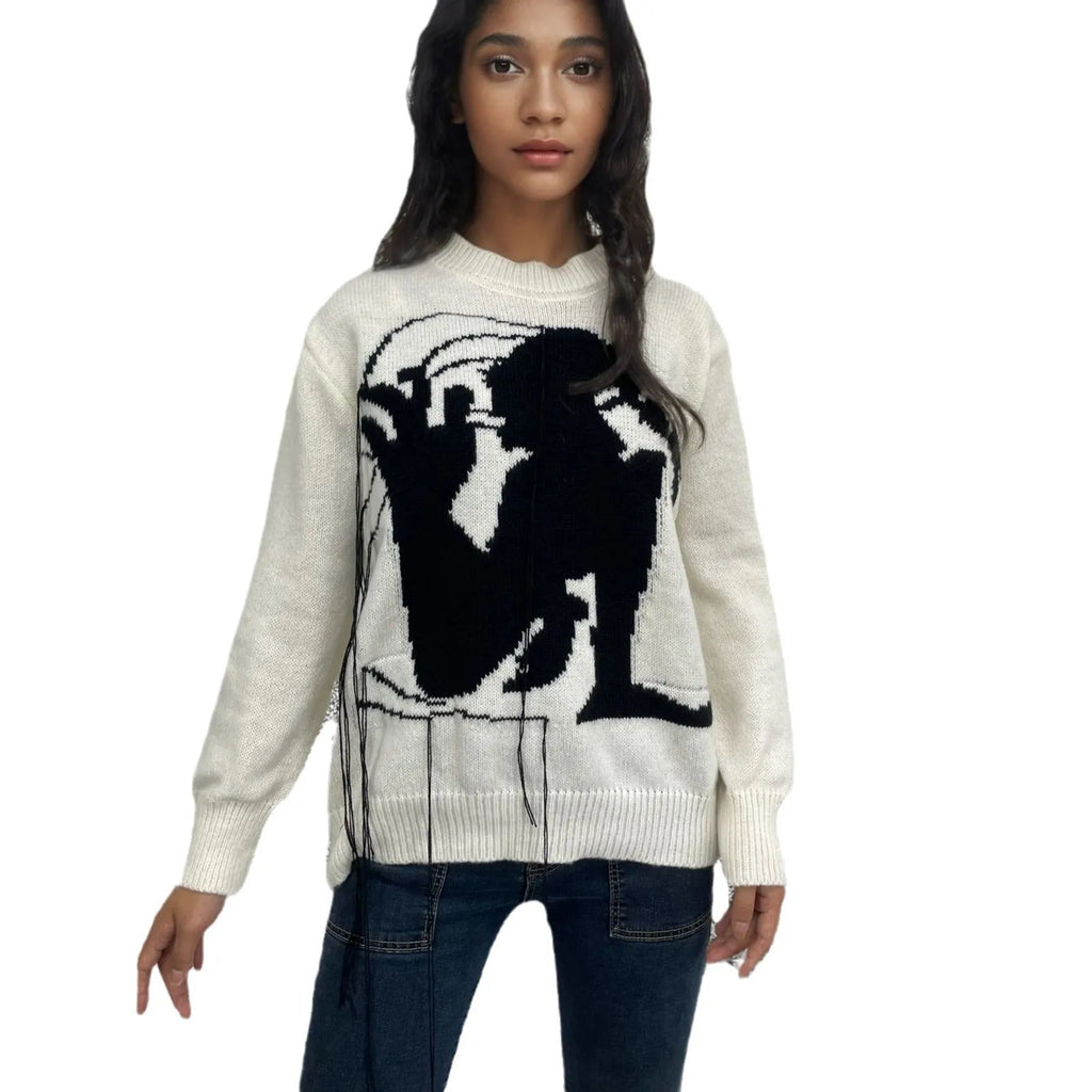 Women's grey alpaca wool sweater with abstract pattern and tassel design, loose fit street fashion style
