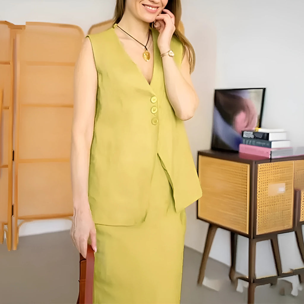 Women's casual two-piece suit with sleeveless vest and long skirt in polyester fabric