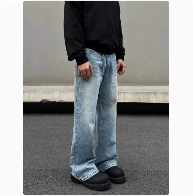 Men's blue retro whisker washed straight leg jeans with medium-high waist and flared leg