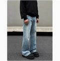 Men's blue retro whisker washed straight leg jeans with medium-high waist and flared leg