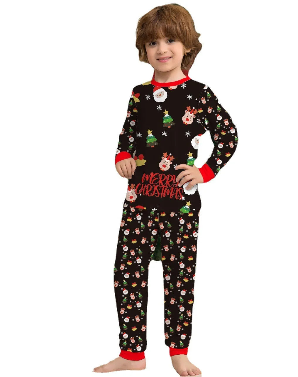 Matching red plaid and cartoon print Christmas pyjamas set for adults, children and a dog on a festive background.