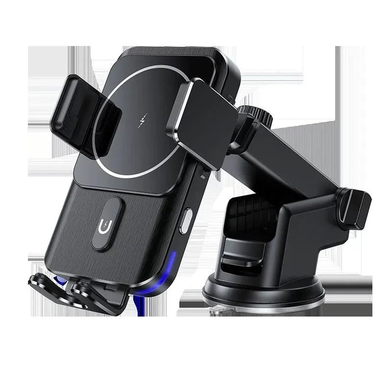 Black car wireless charger phone holder showing clip and suction cup mounting options
