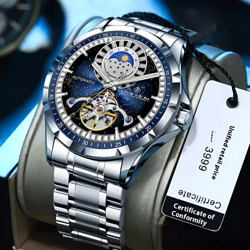 Silver automatic mechanical watch with blue dial and stainless steel bracelet