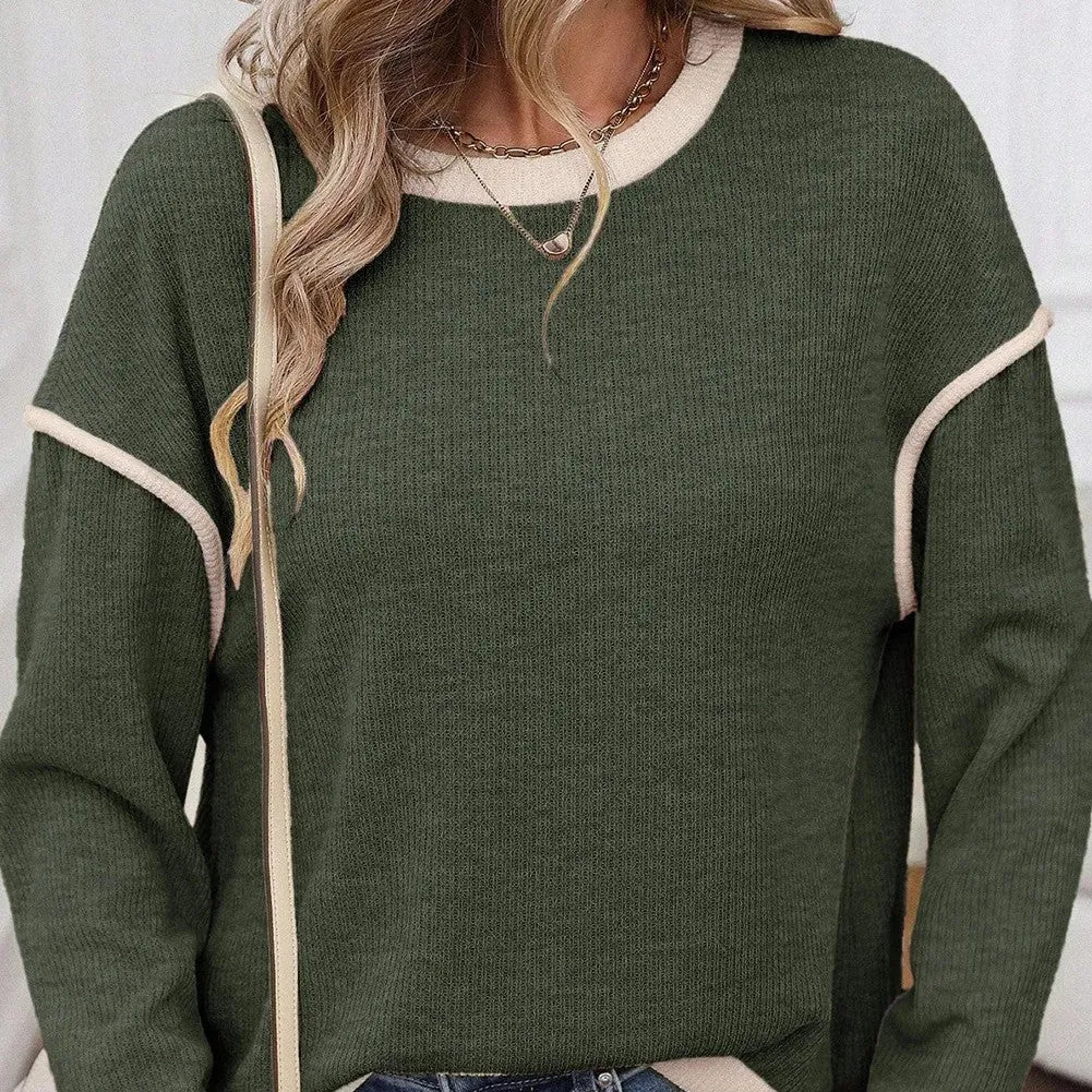 Women's loose fit drop shoulder knit top with contrast trim in beige, four leaf clover, and light pink colours