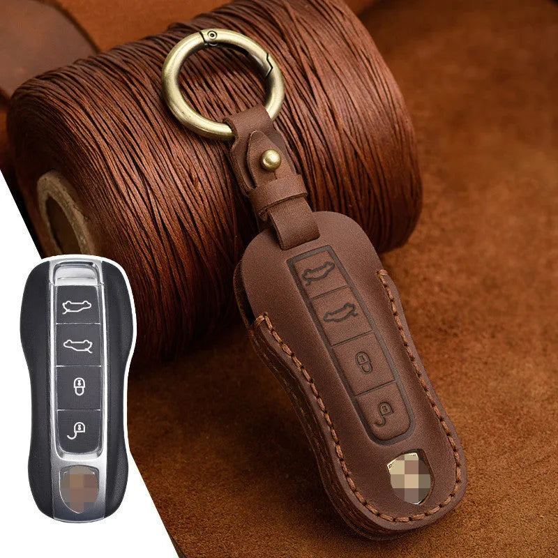 Authentic cowhide leather Porsche key case in retro style for 3-key and 4-key fobs