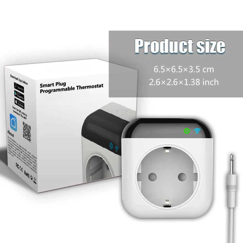 White Tuya WiFi smart socket with temperature sensor probe and US three-pin plug