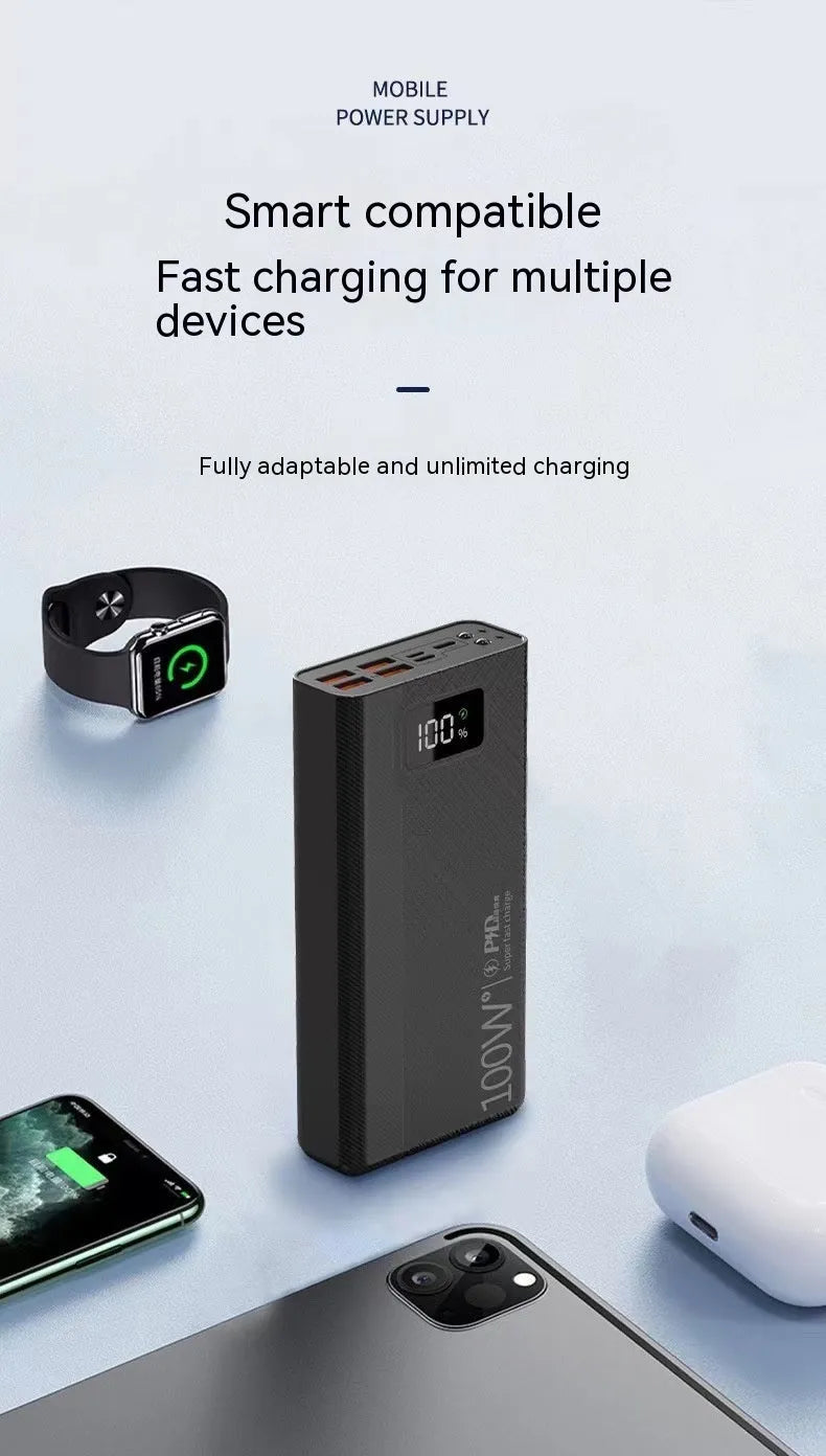 Large capacity power bank in black or white plastic shell with fast charging capability
