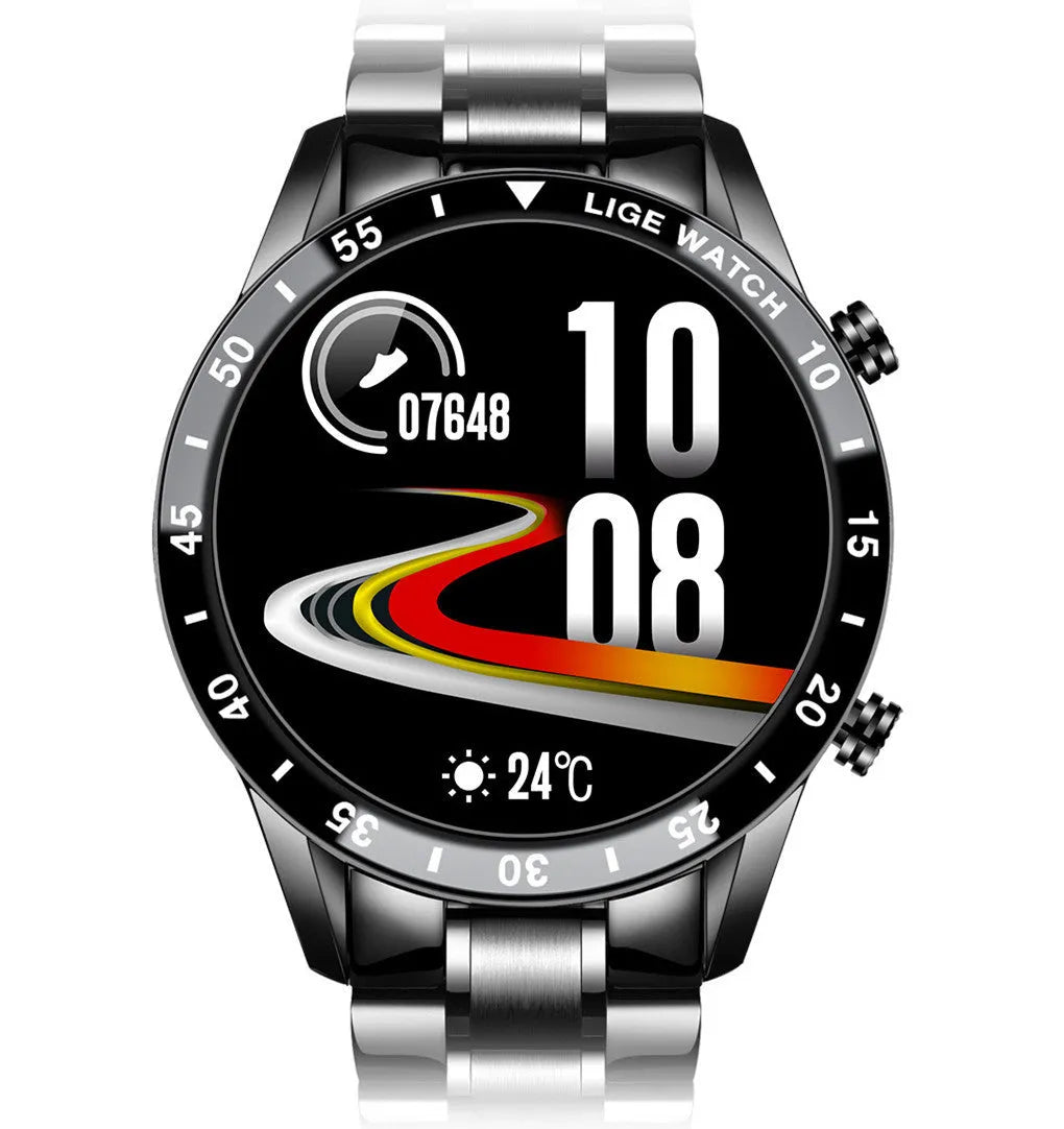 Smart watch with stainless steel wristband and 1.3-inch touch screen display showing step counter interface