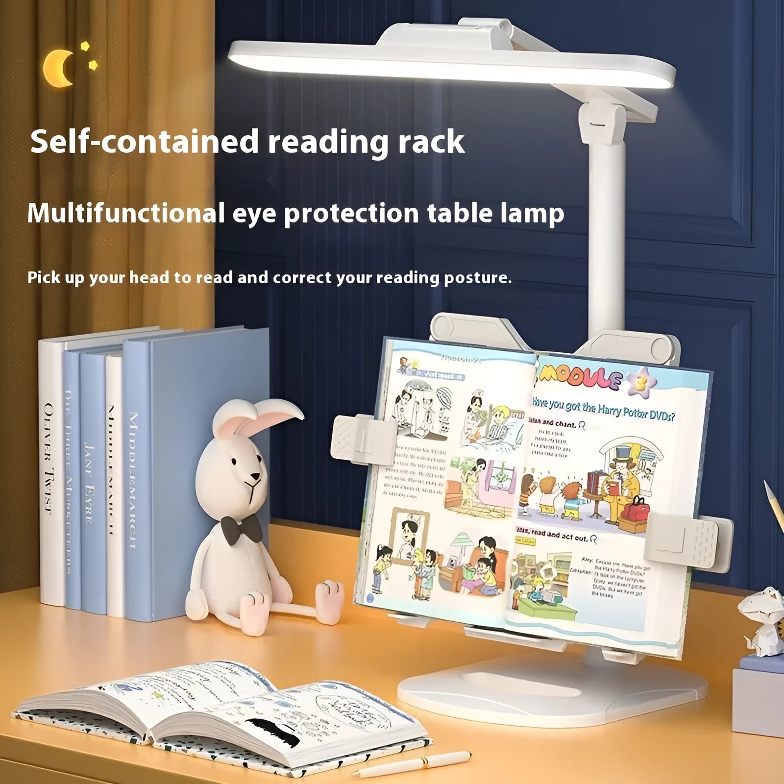 A white adjustable table lamp with a bookshelf design, shown on a desk, highlighting its dual-power and colour temperature features.