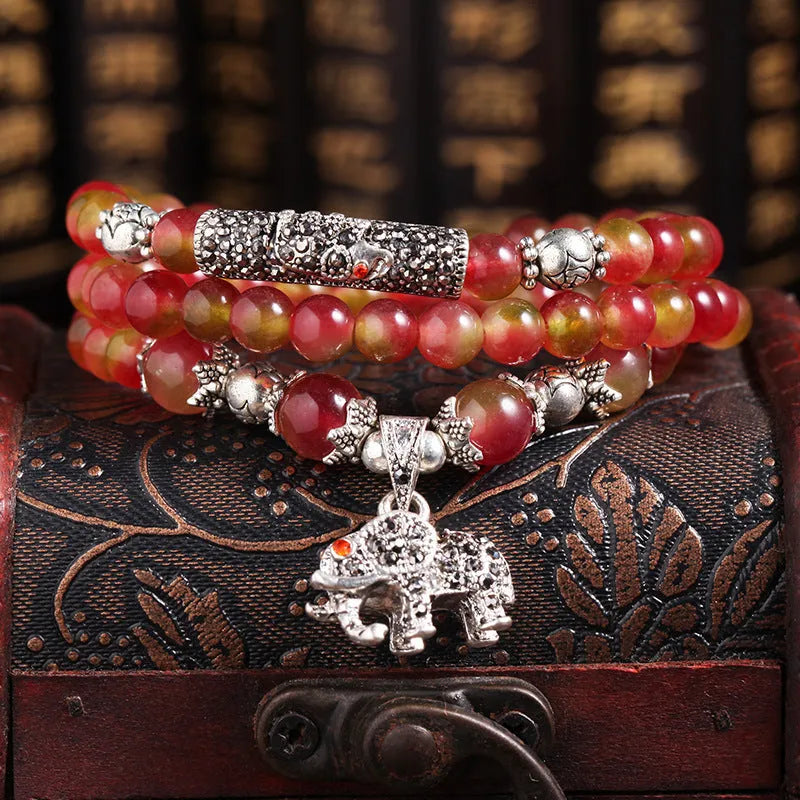 Natural watermelon crystal Chinese knot bracelet with elephant-style beads