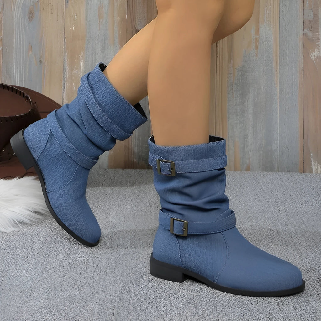 Women's square heel round toe denim leather boots in brown, mid heel 3-5cm, high cylinder, rubber sole