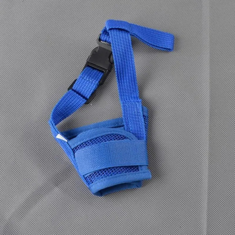 Adjustable plastic dog safety muzzle shown in multiple colours and sizes for biting and barking control.