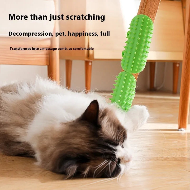 Silicone cat grooming massage comb with rounded teeth and adjustable mounting strap in assorted colours