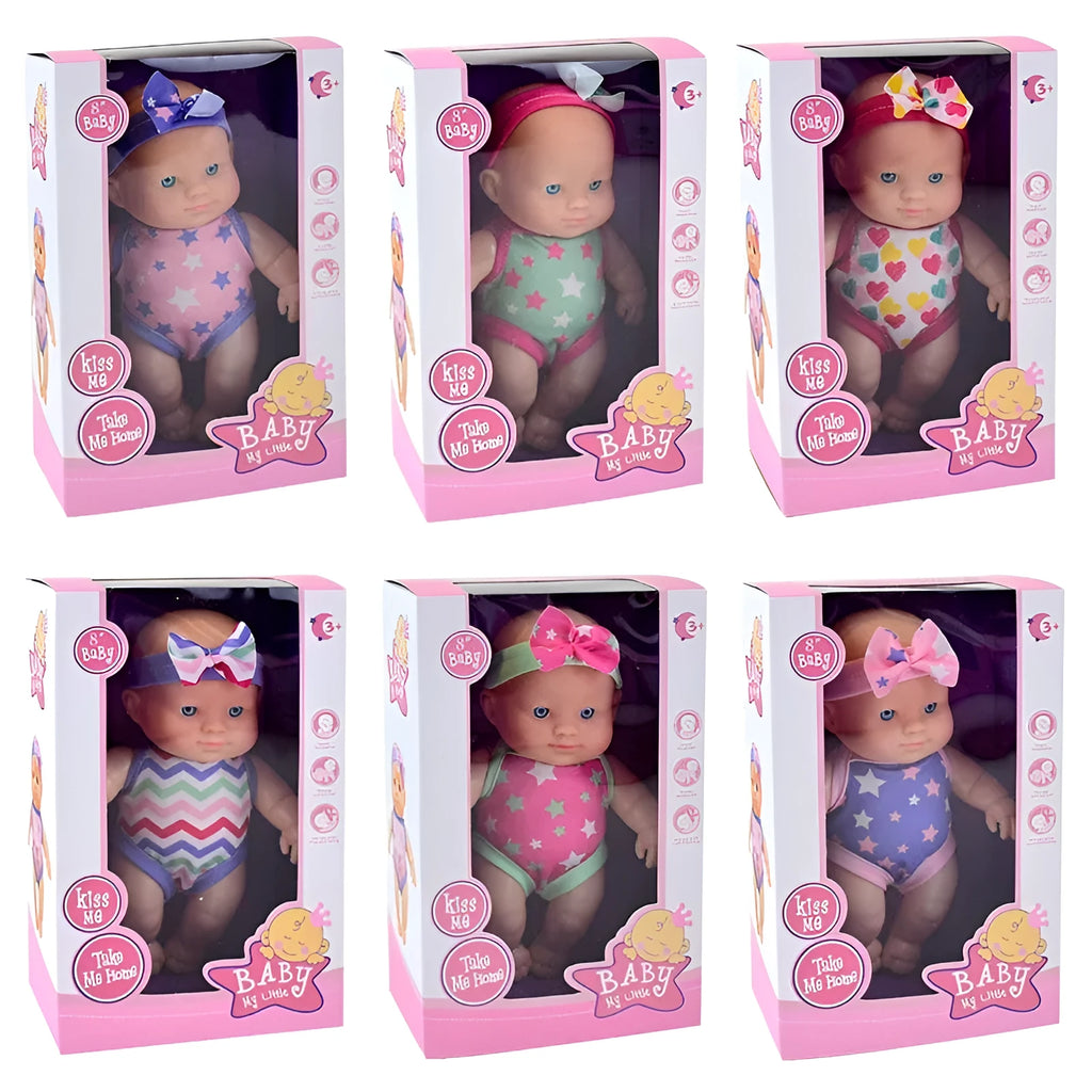Simulation baby vinyl figurine doll in colour option, 21.5cm tall, realistic design