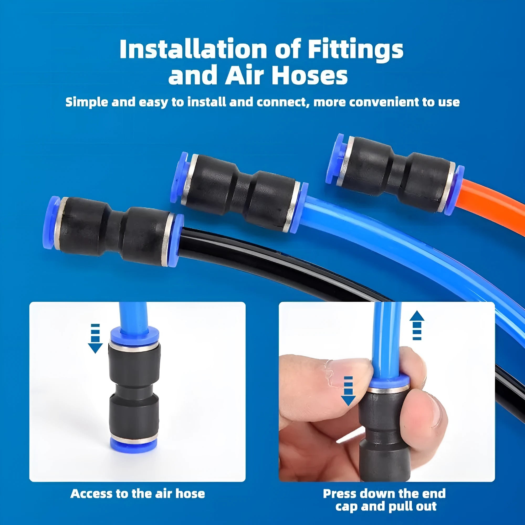 60-piece set of grey alloy plastic pneumatic push-in connectors with R1/4 and R1/2 threads