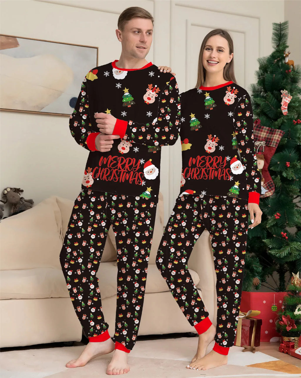 Matching red plaid and cartoon print Christmas pyjamas set for adults, children and a dog on a festive background.
