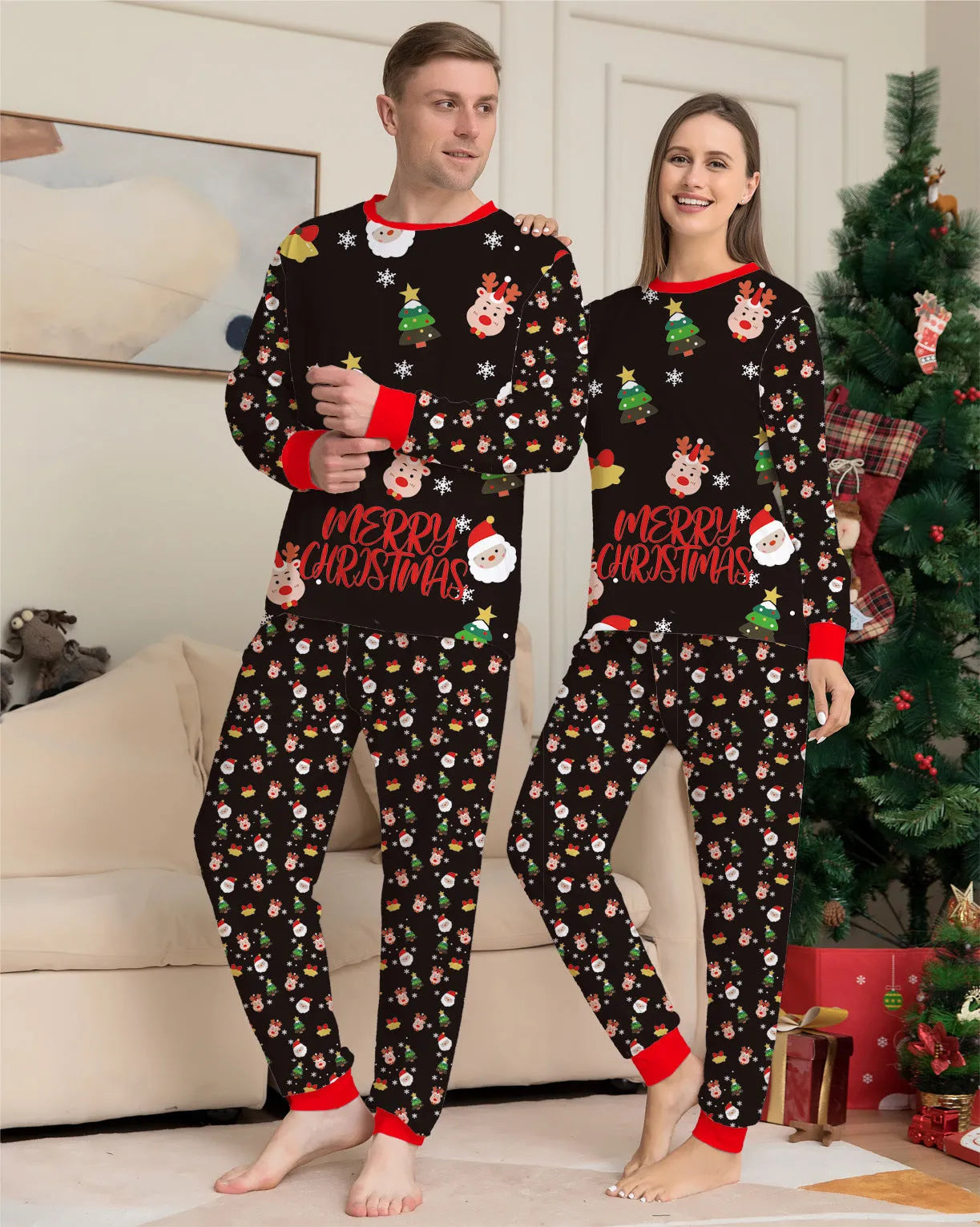Matching red plaid and cartoon print Christmas pyjamas set for adults, children and a dog on a festive background.