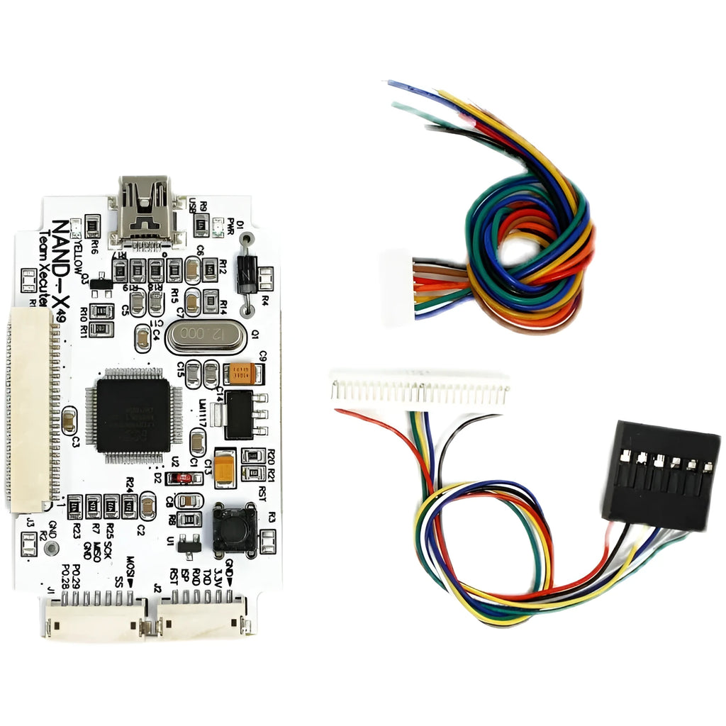 Xbox 360 brushing tool kit showing NAND-X chip and USB connector in 3-piece set