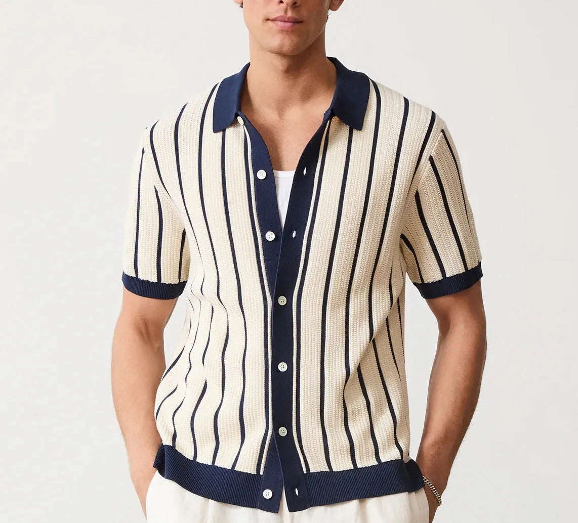 White men's knitted V-neck top with asymmetric British style design and short sleeves