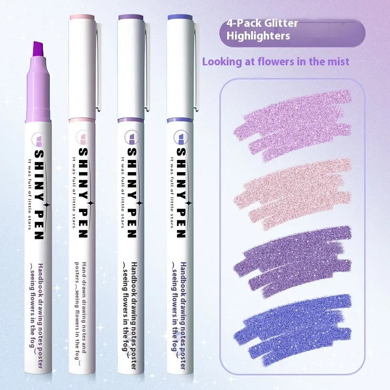Set of four Star River glitter fluorescent highlighter pens with slanted tips in assorted glitter colours.