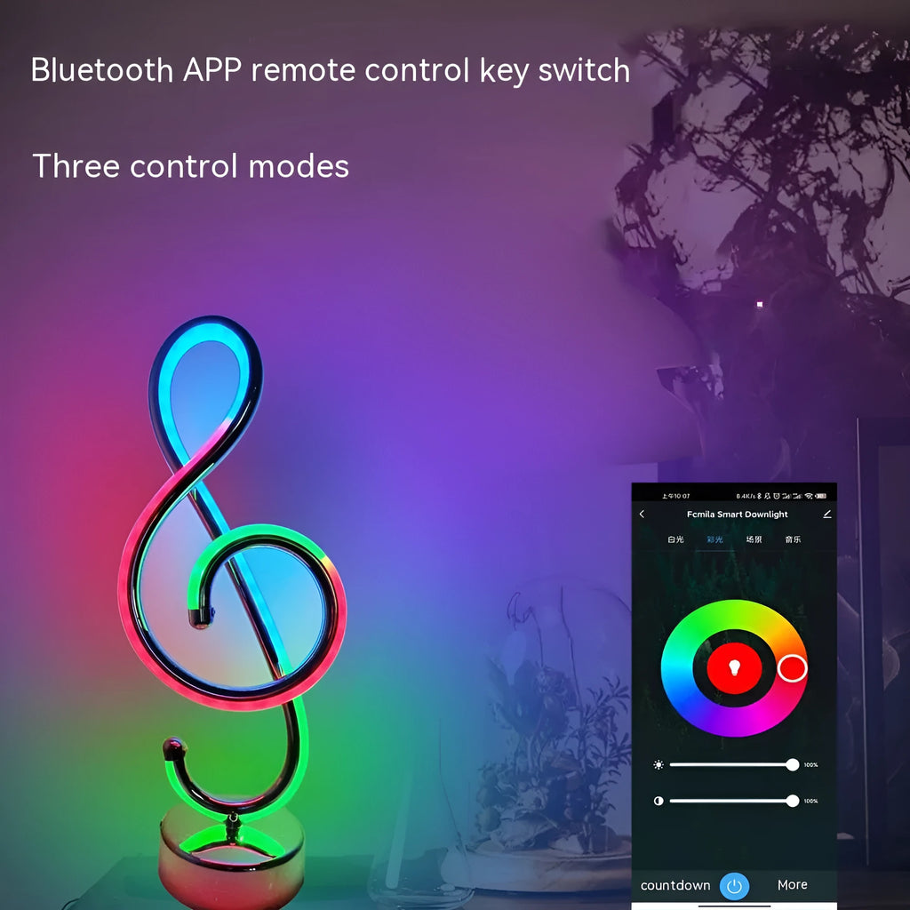 Black musical note-shaped Bluetooth LED light with app remote control on a bedside table.