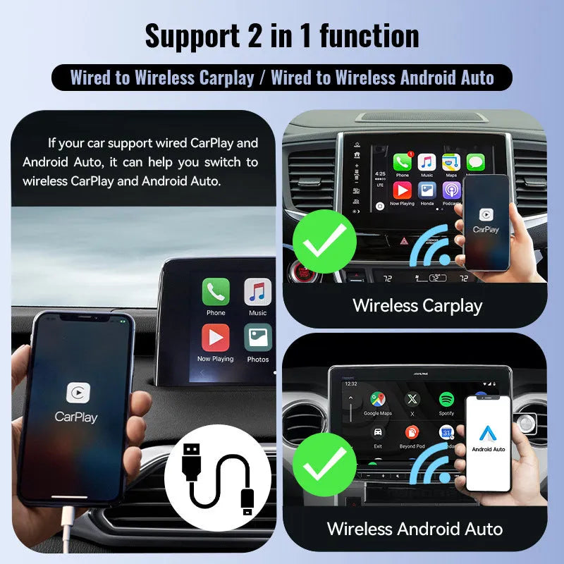 Black wireless Apple CarPlay USB adapter measuring 26x55mm for car smartphone connectivity