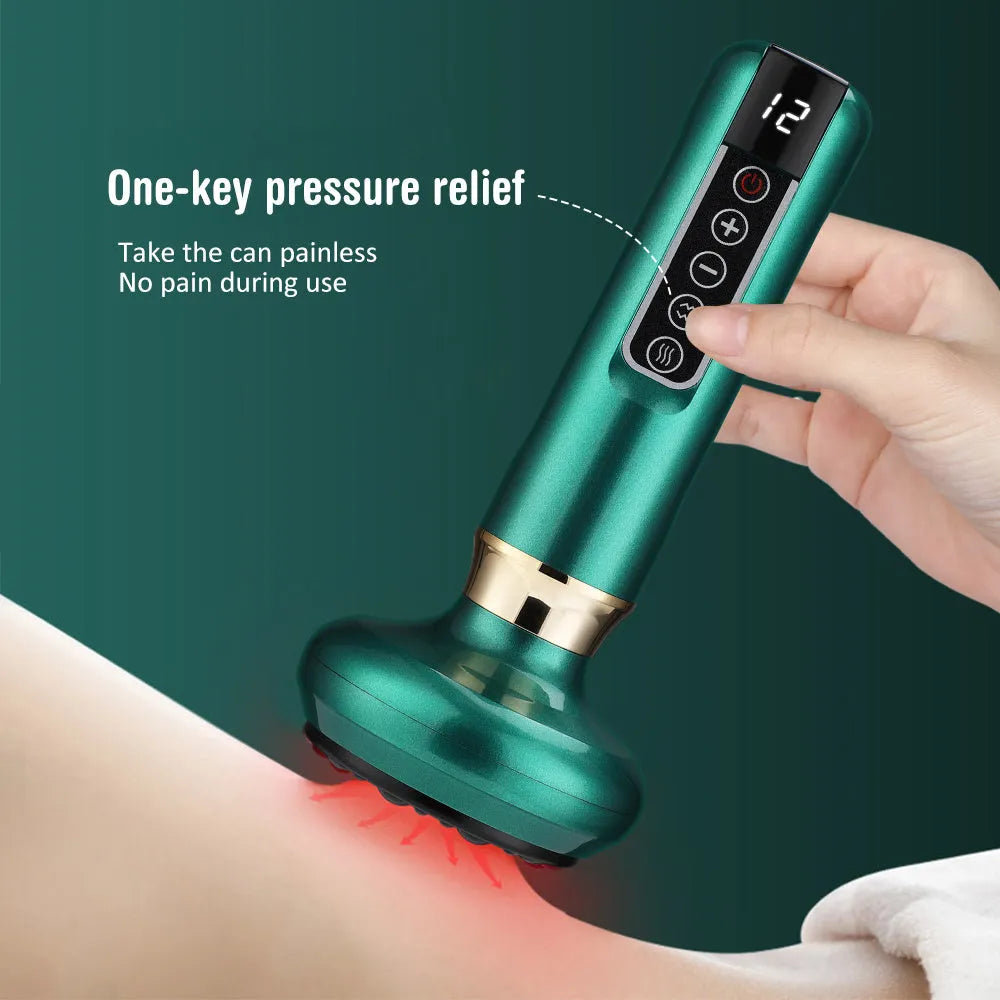 Green electric vacuum cupping massager with infrared heating and adjustable suction controls