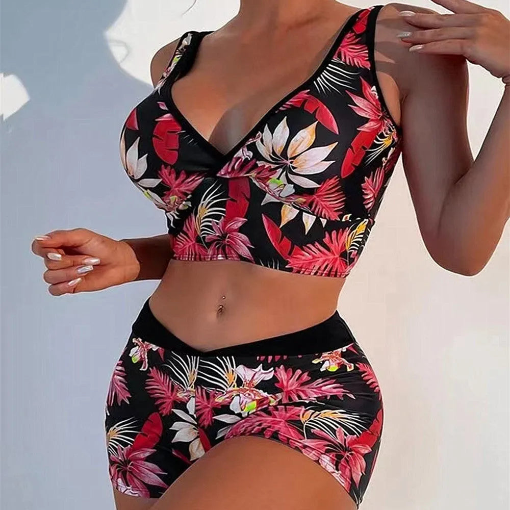 Women's two-piece polyester swimsuit with printed boxer shorts and sleeveless top