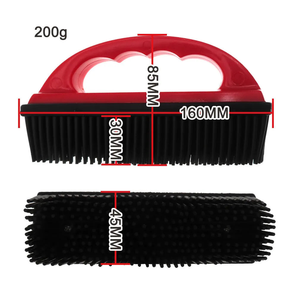 Red pet hair removal brush for bath grooming and carpet cleaning measuring 160mm by 85mm