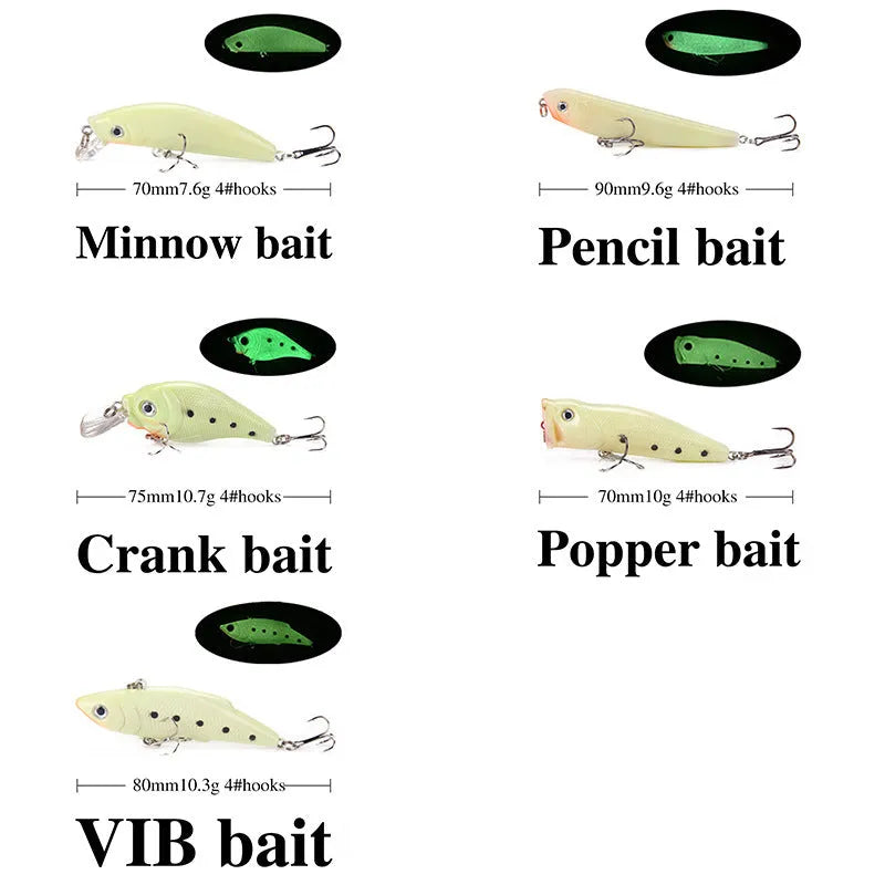 Five fluorescent 3D simulation hard bait fishing lures with luminous design in multiple colours