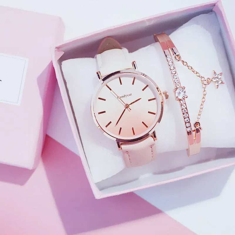 Women's fashion gradient belt quartz watch and bracelet set with 3.8cm dial in pink blue purple