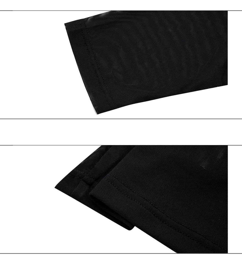 Black mesh slim-fit long sleeve women's shirt with ice-feel cooling fabric on a hanger.