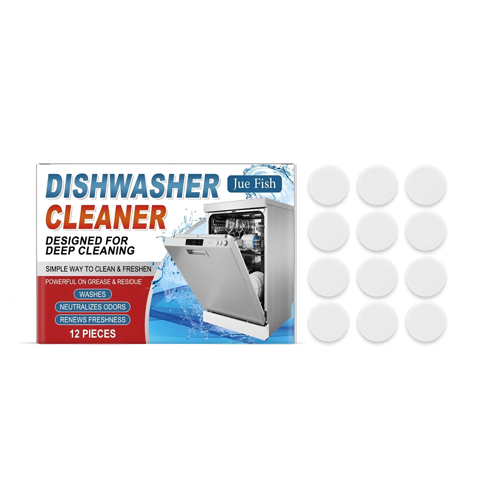 12-pack of dishwasher cleaning tablets for descaling and grease removal