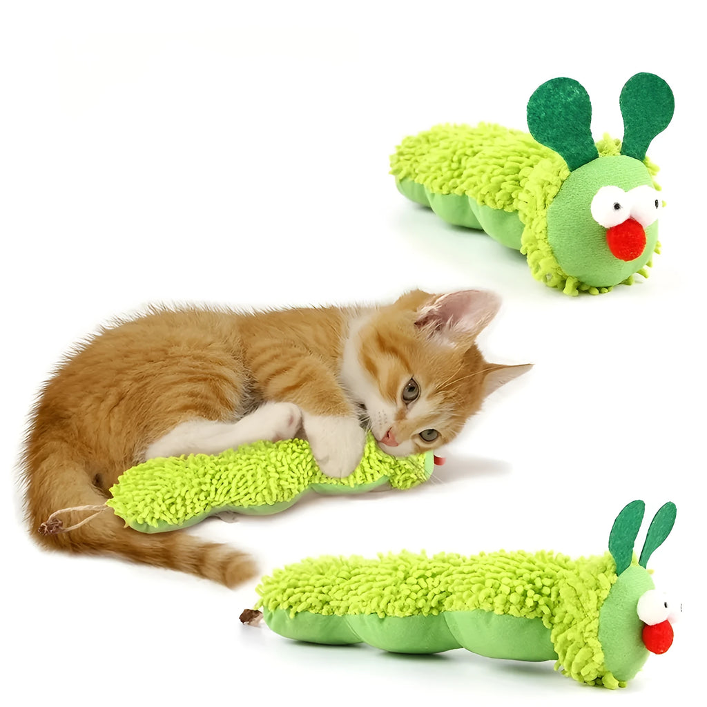 Green interactive plush cat toy pillow with rechargeable electronic mechanism, shown next to scale indicating 24 cm length.