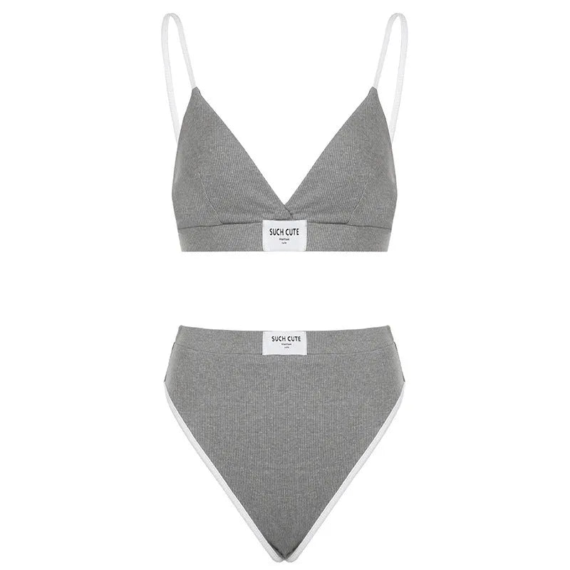 Women's contrast colour embroidery bikini set in black, grey or white with Asian sizing options