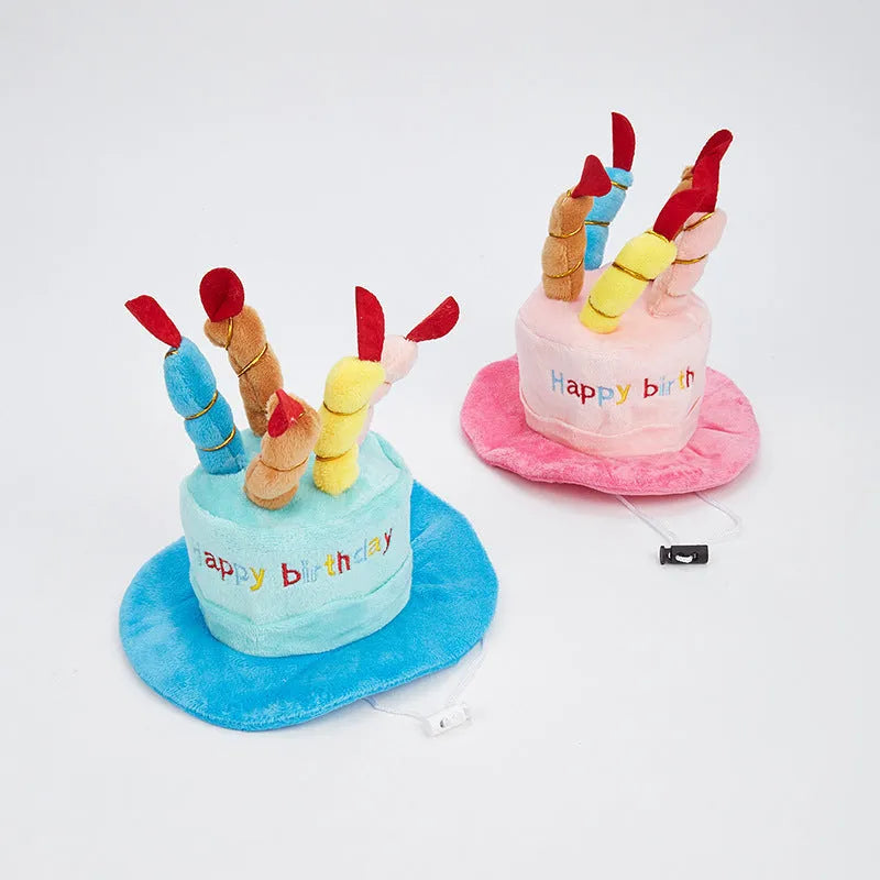 Blue dog birthday hat with attached toy measuring 21cm tall for small to medium breed celebrations