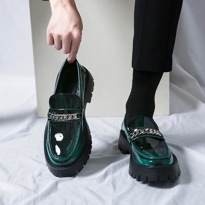 Glossy patent leather thick sole chunky heel loafers in green, round head, rubber non-slip sole, side view