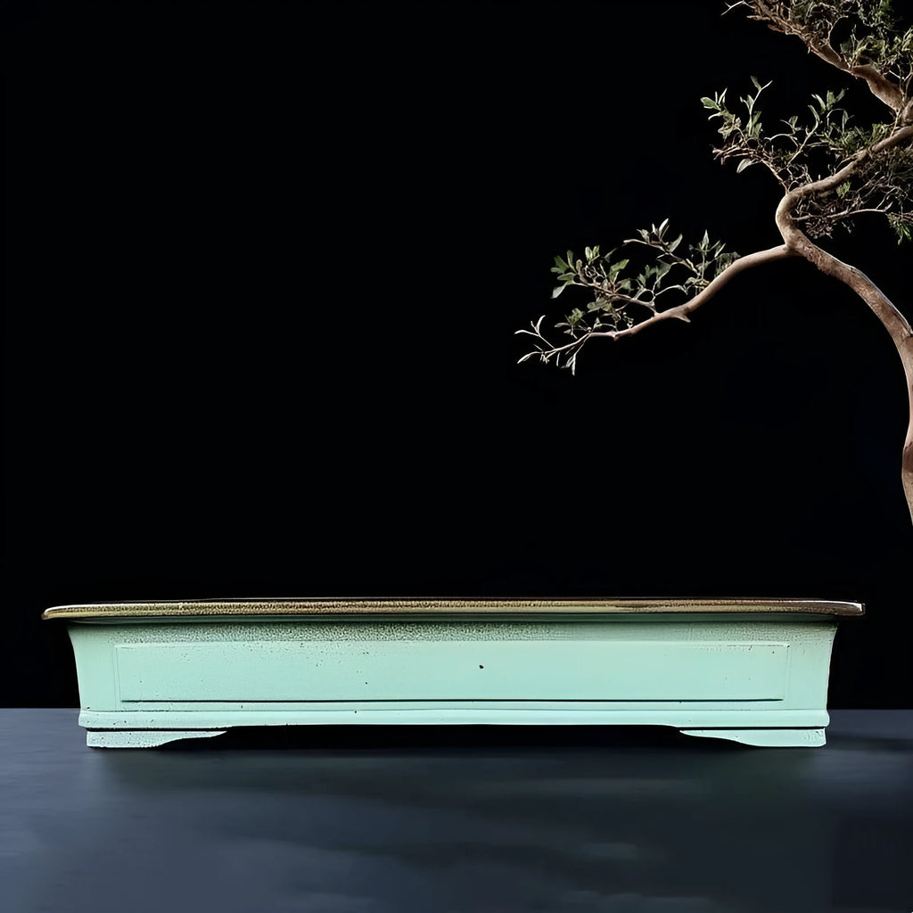 Green retro ceramic bonsai pot with purple sand crackled glaze handmade finish