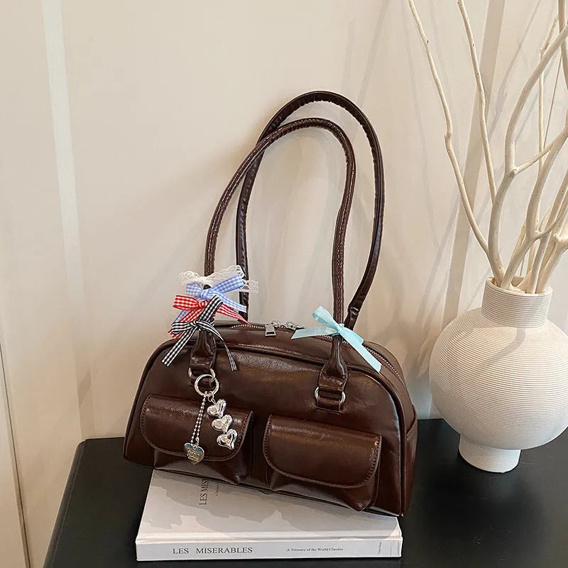 Retro women's PU leather pillow bag with double shoulder straps in black, brown, or red colour options