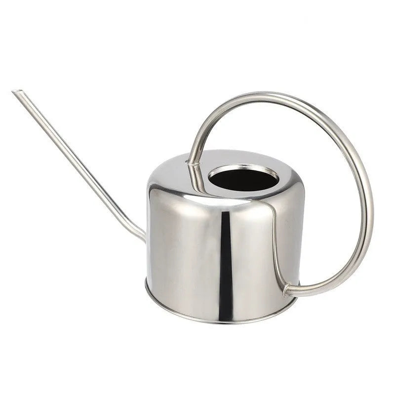 Stainless steel watering can with long spout, 2 litre capacity, shown in black, gold, and steel finishes.