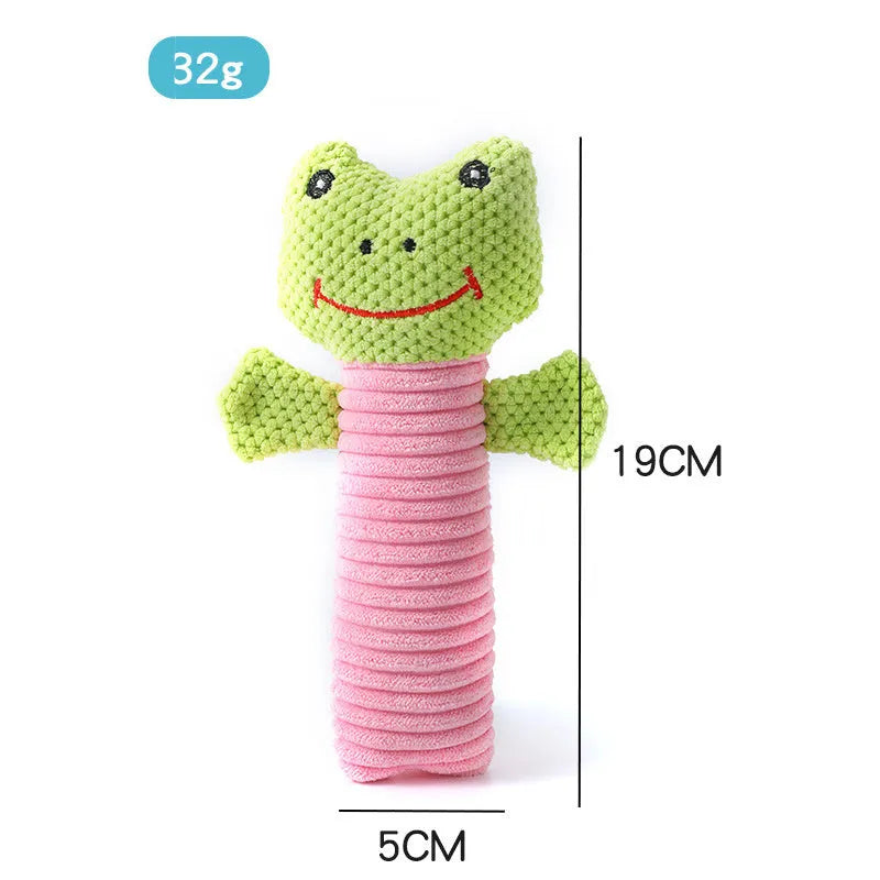 Squeaky stuffed dog chew toy in animal shape for dental cleaning and play
