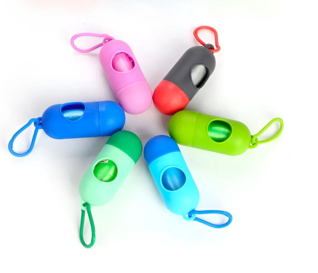Six different coloured dog poop bags for pet waste cleanup measuring 22.5x30cm
