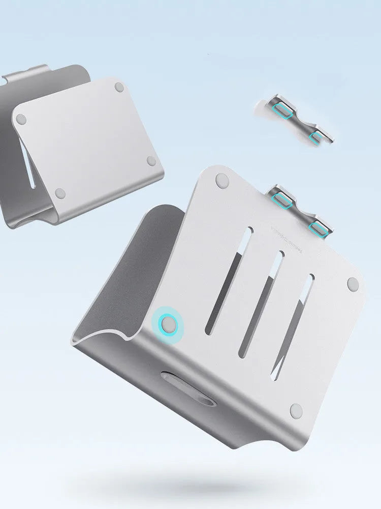 Aluminium alloy laptop cooling bracket with rotary hinge in grey and silver stripe options.