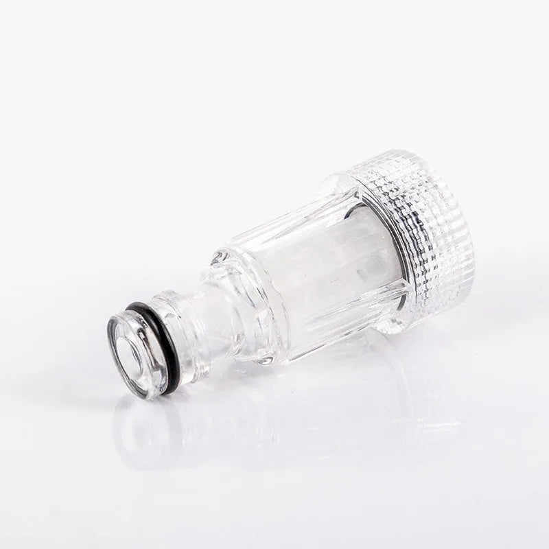 Transparent plastic inlet water joint and filter for Karcher pressure washer, 3cm diameter.
