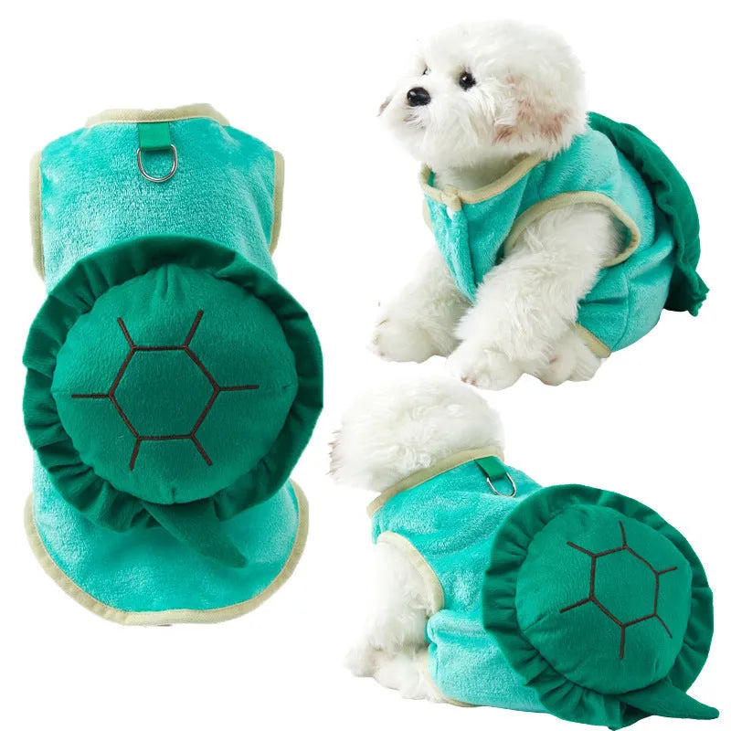 Green flannel pet costume with cartoon turtle design for dogs