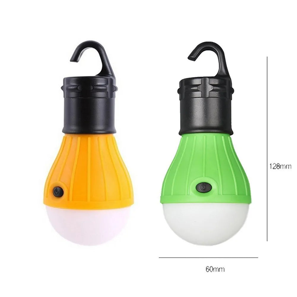 Blue portable LED camping light with a black hanging hook, showing its compact size.