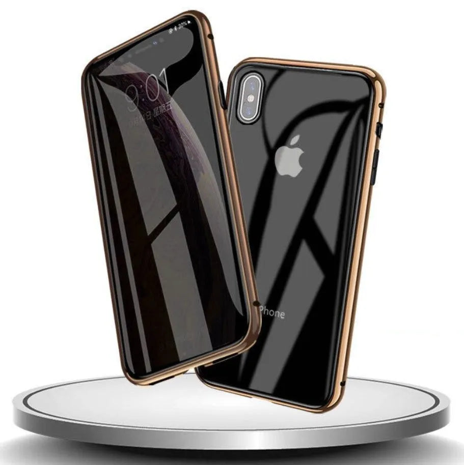 Geometric patterned glass clamshell privacy case for iPhone on a table.