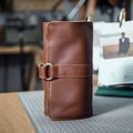 Handmade cow leather vintage wallet with tape extraction closure in black or dark brown