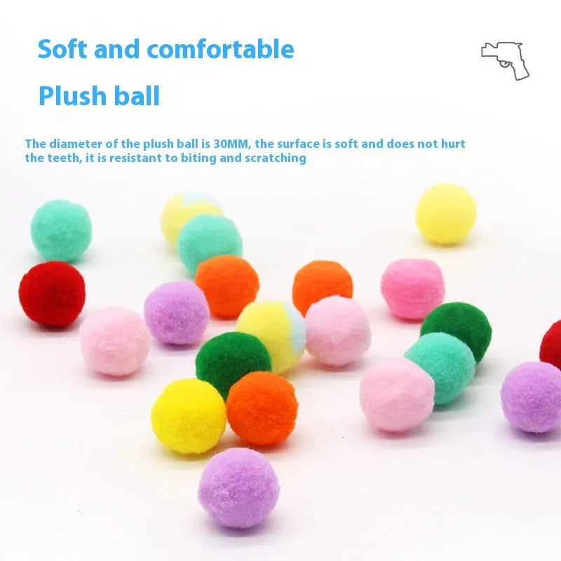 Pet toy launching gun with multiple soft plush balls for interactive dog and cat play