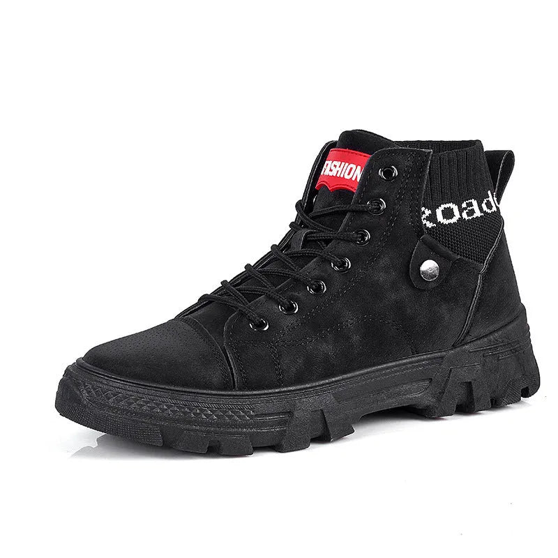 Men's high top Martin boots with square heel, round toe, and car suture detailing in black